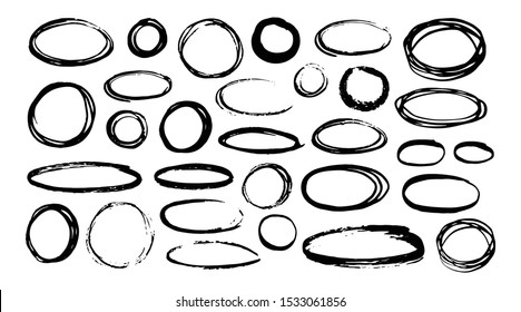 Different circles and ovals set hand painted with ink brush, isolated on white background. Vector illustration.