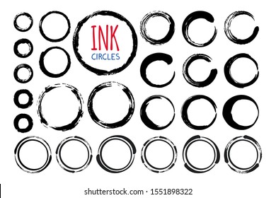 Different circles and ovals set hand painted with ink brush, isolated on white background. Vector illustration.