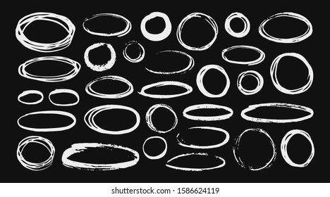 Different circles and ovals set hand painted with ink brush, isolated on white background. Vector illustration.