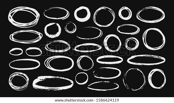 Different circles\
and ovals set hand painted with ink brush, isolated on white\
background. Vector\
illustration.