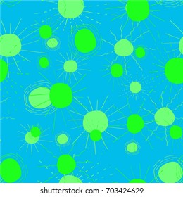 Different circles with rays, sun, Green and  blue  abstract shapes on a  blue background. Freehand drawing vector  with doodles. bright  modern seamless pattern.
