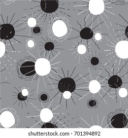 Different circles with rays, sun, white and black abstract shapes on a gray background.   Freehand drawing vector  with doodles. modern seamless pattern.
