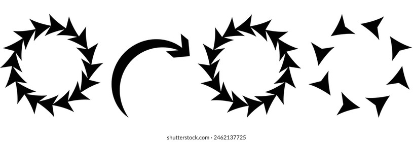 different circular arrows of black color, different thickness. circle arrow icon set. circular arrow icon, refresh, reload. Set of circle arrows rotating white background. Vector illustration. eps10. 