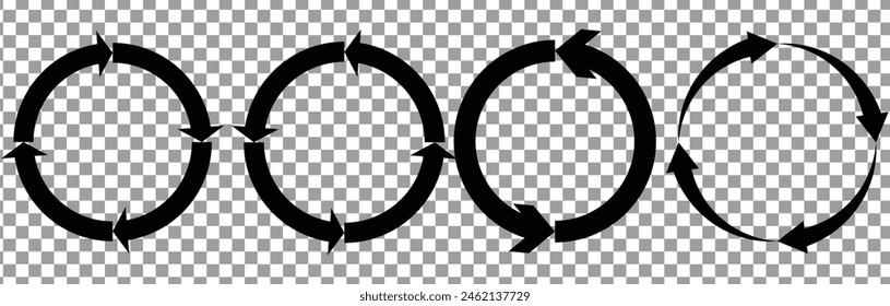 different circular arrows of black color, different thickness. circle arrow icon set. circular arrow icon, refresh, reload. Set of circle arrows rotating white background. Vector illustration. eps10. 