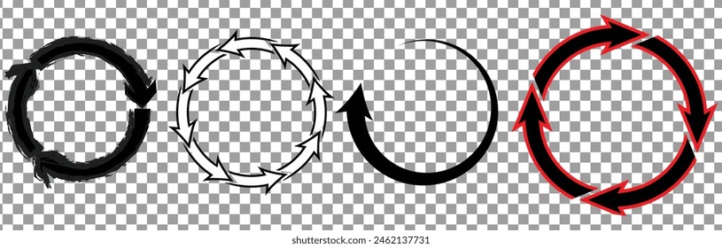 different circular arrows of black color, different thickness. circle arrow icon set. circular arrow icon, refresh, reload. Set of circle arrows rotating white background. Vector illustration. eps10. 
