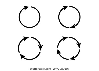 different circular arrows of black color. Rotate arrow and spinning loading symbol. Circular rotation loading elements, redo process.  Vector illustration.