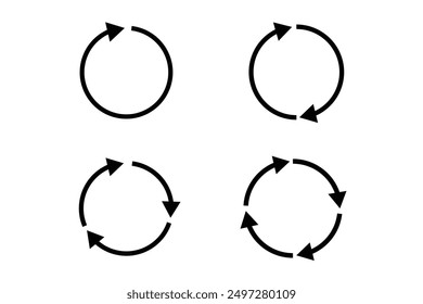 verschiedene kreisförmige Pfeile in schwarzer Farbe. Pfeil drehen und Ladesymbol drehen. Zirkularrotationsladeelemente, Redo-Verfahren.  Vektorgrafik.