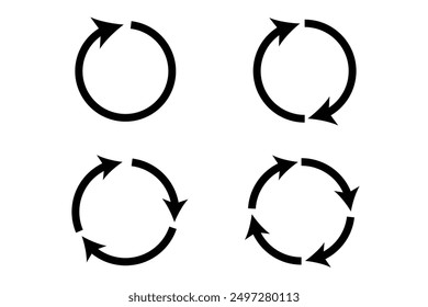 different circular arrows of black color. Rotate arrow and spinning loading symbol. Circular rotation loading elements, redo process.  Vector illustration.