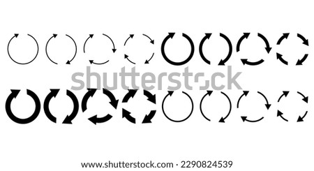 different circular arrows of black color, different thickness. Vector illustration.