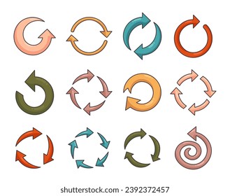 Different circular arrows. Refresh, reload, loading, recycle, loop rotation. Hand drawn style. Vector drawing. Collection of design elements.