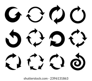 Unterschiedliche runde Pfeile. Silhouette-Bild. Neu laden, laden, recyceln, Schleifenrotation. Handgezeichnet. Vektorgrafik. Sammlung von Design-Elementen.