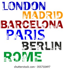 Different cities words. Capital letters.