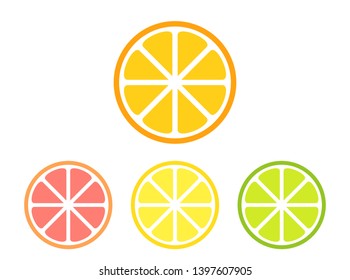 Different citrus slices set: lemon, orange, lime and grapefruit. Vector illustration