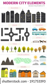 Different city elements for creating your own map. Easy to edit and recolor - vector object are separeted in layers and groups. Map elements for your pattern, web site or other type of design.