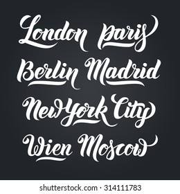 Distintos nombres de ciudades colección de caligrafía con letras a mano. Londres, París, Berlín, Madrid, Nueva York, Viena, Moscú. Letras vectoriales artesanales Premium.