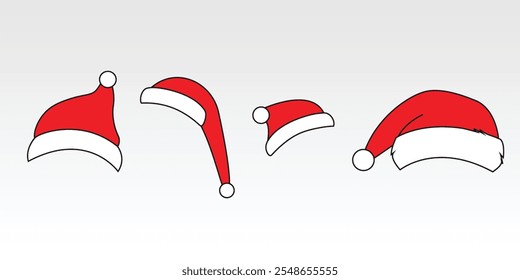 Diferentes sombreros clásicos de Santa Claus en varios estilos, con tela roja suave, adornos blancos esponjosos y pompones juguetones. Perfecto para diseños de vacaciones, temas festivos e ilustraciones de Navidades alegres.