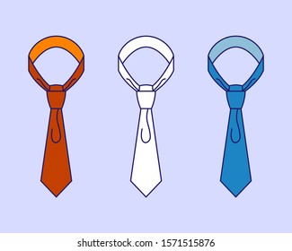 Different classic ties with knots illustrations set. Knotted colorful neckties pack. Trendy male accessories design elements. Formal wear. Elegant tied neckclothes isolated on blue background