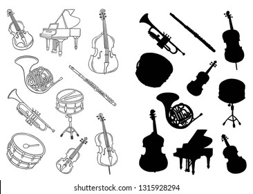 different classical musical instruments: coloring and find the shadow