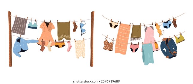 Different clean clothes and lingerie drying on clotheslines. Clothing for men and women pinned with clothespins. Cleaning and laundry concept. Washing routine. Isolated flat vector illustrations.