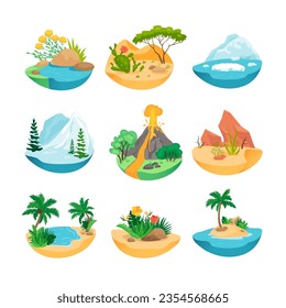 Different climate zones vector illustrations set. Desert, iceberg, river, snow mountain, flowers, island, ocean beach with palms, volcano eruption icons. Nature, travel, wildlife concept