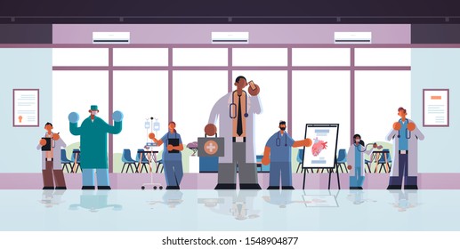 different clinic hospital workers mix race doctors in uniform working together medicine healthcare concept modern hospital clinic office interior full length flat horizontal vector illustration