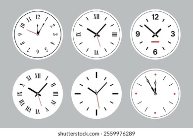 different clock faces vector set. round shape watches. roman and arabic digits. numeral wall clocks. isolated illustration. clocks templates on grey background. modern and vintage looks.