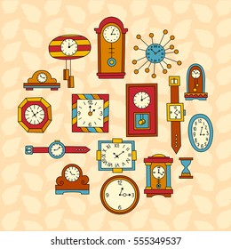 Different clock and wrist watch doodles cute colorful vector set