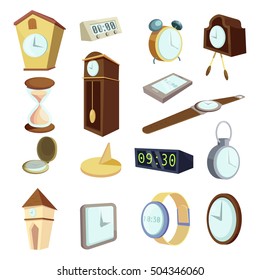 Different clocks icons set. Cartoon illustration of 16 different clocks vector icons for web