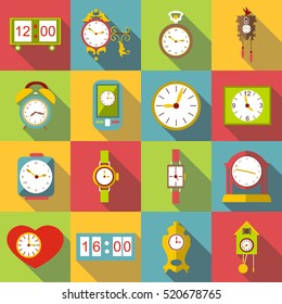 Different clocks icons set. Flat illustration of 16 different clocks vector icons for web