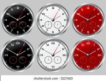 Different clocks with different kind of numbers and face colours