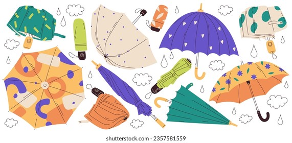 Different closed, folded, opened umbrella, sun rain protection equipment accessories isolated colorful doodle hand drawn set. Fashion elegant and glamour parasols for rainy weather vector illustration