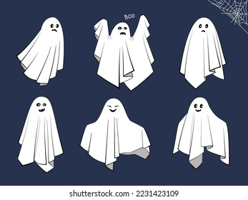 Different cloth Ghosts with scary, spooky, happy and funny faces. Collection of cute magic white flying phantoms. Halloween symbol vector illustration. Set of creepy boo characters for kids