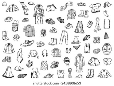 Different clothes doodle set. Sketch of outerwear, shoes, hats, scarves, swimwear, accessories. Outline vector illustrations collection.