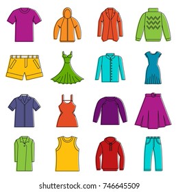 Different clothes icons set. Doodle illustration of vector icons isolated on white background for any web design