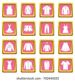 Different clothes icons set in pink color isolated vector illustration for web and any design