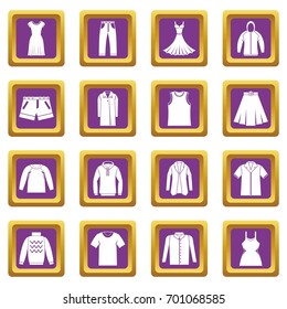 Different clothes icons set in purple color isolated vector illustration for web and any design