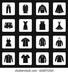 Different clothes icons set in white squares on black background simple style vector illustration
