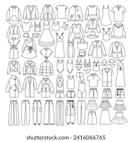 Diferentes ropas en forma de contorno. La ropa de la mujer incluye chaquetas, pantalones, sombreros, abrigo, sudaderas, vestidos, faldas y medias. Gráfico de esquema de estilo de moda de colección