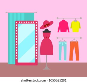 Different clothing in cozy market color banner vector illustration with pink dress and oval hat, two pants, shirt and t-shirt, mirror and blue curtain