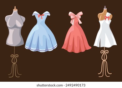 Different clothing icon styles Women's dresses vector isolated on brown background. Trendy women's clothing set.