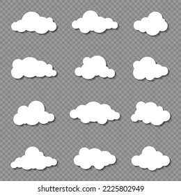 Different clouds on blue sky in origami design. Collection of white paper cut out cloud icons. Paper cloud. Weather symbols. Vector illustration