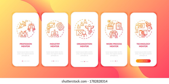 Different coaches onboarding mobile app page screen with concepts. Organisation management walkthrough 5 steps graphic instructions. UI vector template with RGB color illustrations