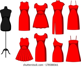 Different Cocktail and Evening Dresses and mannequin. Vector illustration