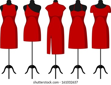 Different Cocktail and Evening Dresses on a mannequin. Vector illustration