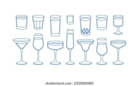 Different cocktail glasses. Line art, retro. Vector illustration for bars, cafes, and restaurants.