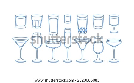Different cocktail glasses. Line art, retro. Vector illustration for bars, cafes, and restaurants.
