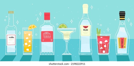 Different cocktails and alcohol on the table. Illustration with alcoholic beverage. Vector bright hand draw  illustration.Wall decoration, prints, menu design. Vodka, Martini, Jin, Bloody Mary