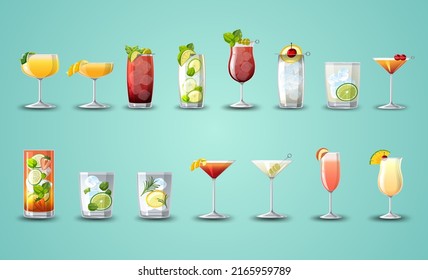 Different cocktails in the glasses set cartoon illustration