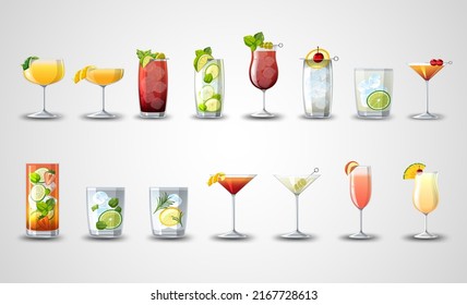 Different cocktails in the glasses set cartoon illustration