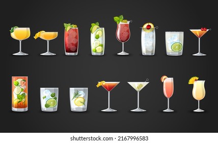 Different cocktails in the glasses set cartoon illustration